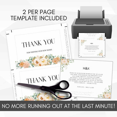 Printed thank you cards with a printer, scissors, and text about a 2-per-page template.