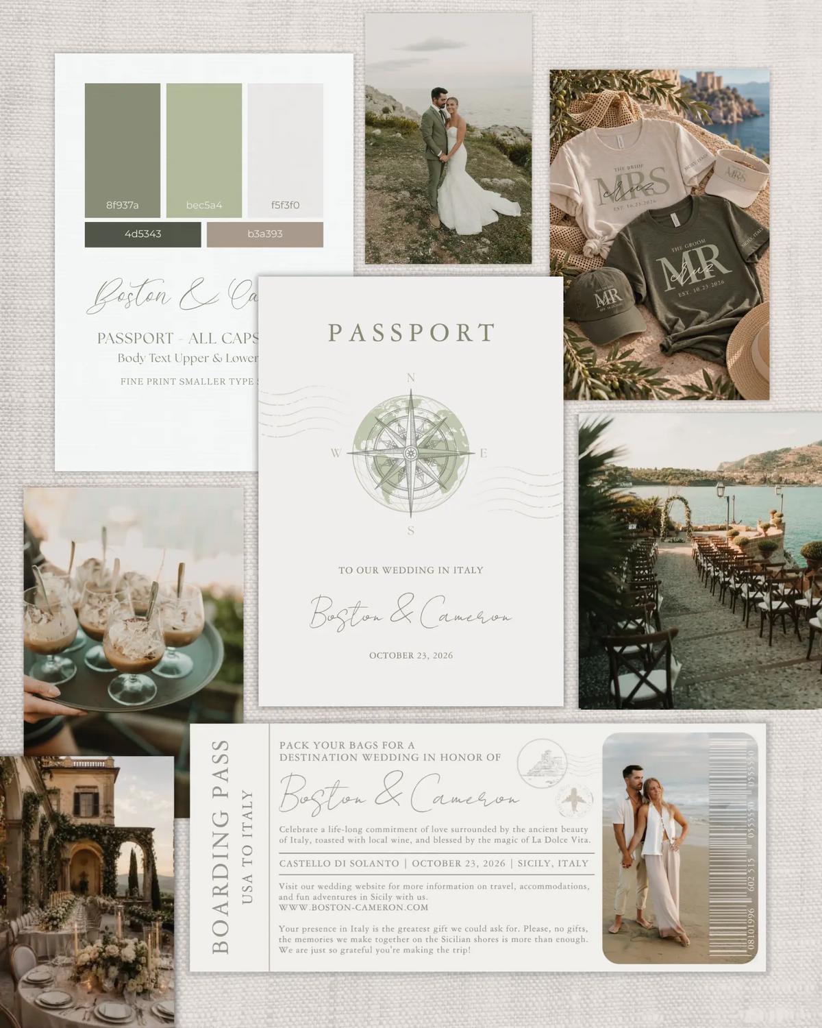 elegant italian wedding passport destination wedding invitation ticket boarding pass moodboard and design card with color scheme