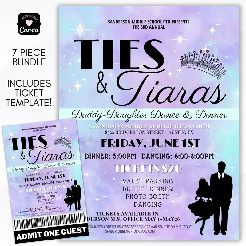 ties and tiaras daddy daughter dance editable printable flyer ticket sign poster set school pto pta ptc community church event