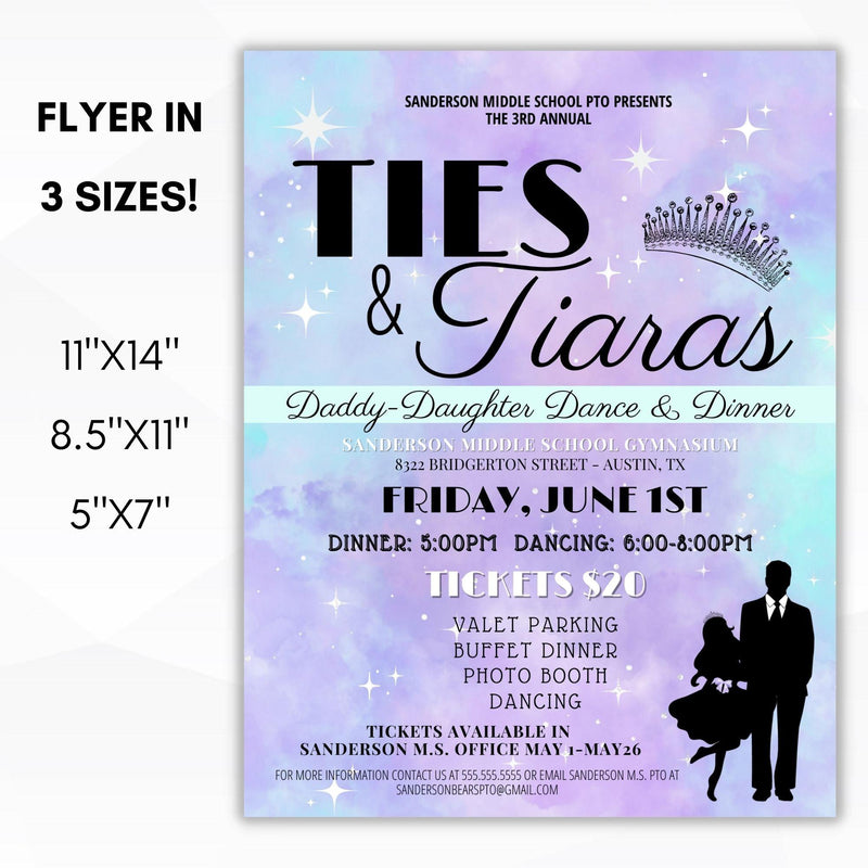 father daughter dance ties and tiaras theme school pto pta ptc community church non profit event flyer set