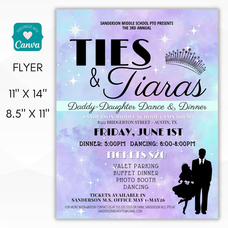 ties and tiaras daddy daughter dance flyer invitation set school pto pta ptc dance invite