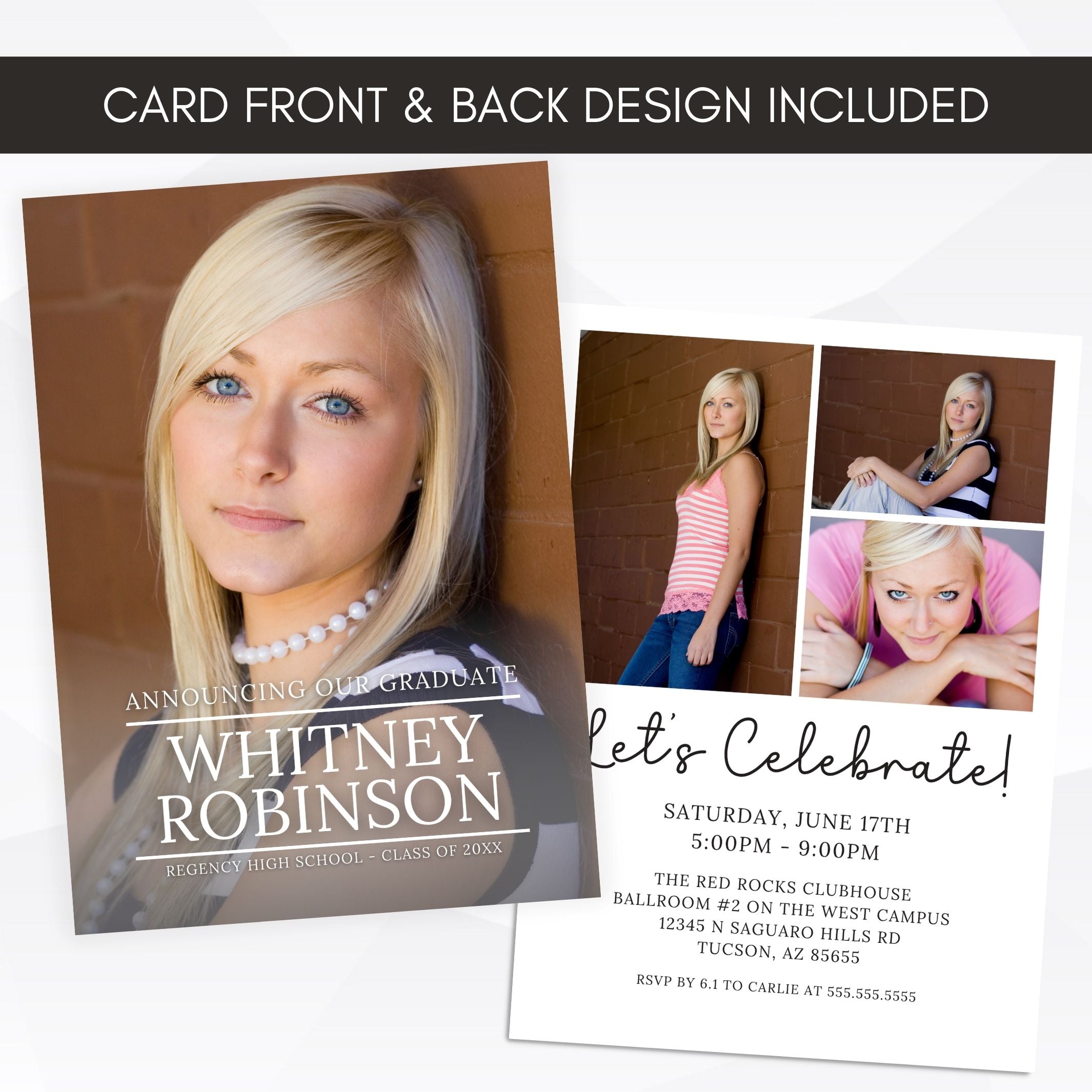 trendy grad party invitation with space for 4 photos and graduate name