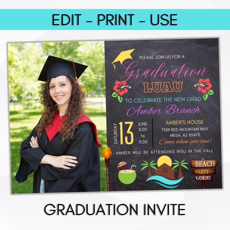 chalkboard tropical luau high school senior graduation invitation editable template