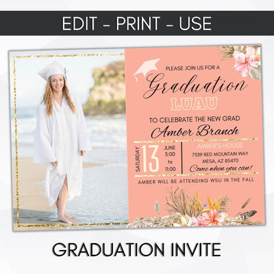 tropical luau high school senior graduation invitation editable template