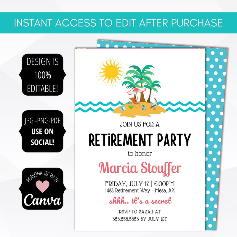 editable retirement party invite tropical themed secret retirement party