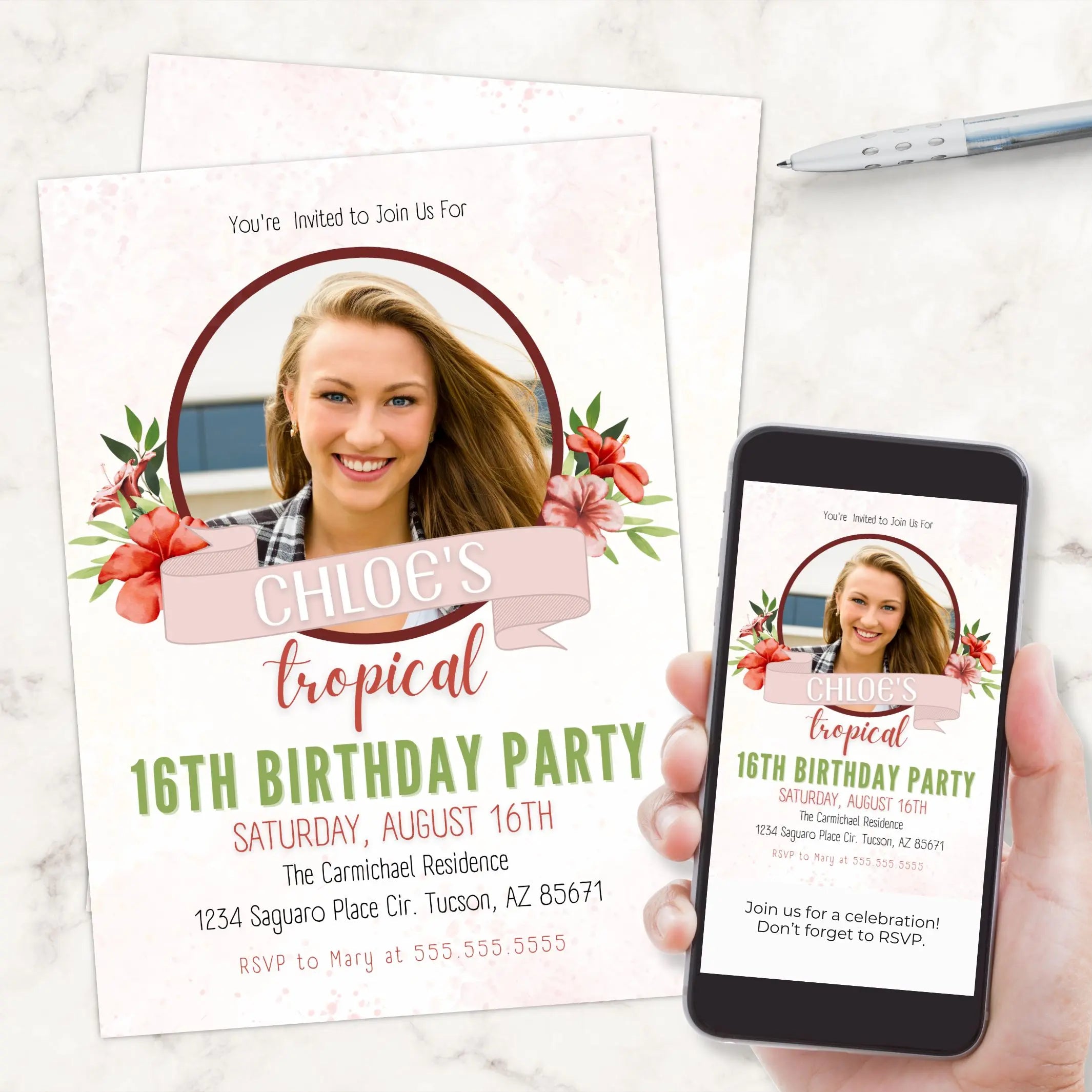 Birthday party invitation with a photo of a girl and a phone displaying the same invitation.
