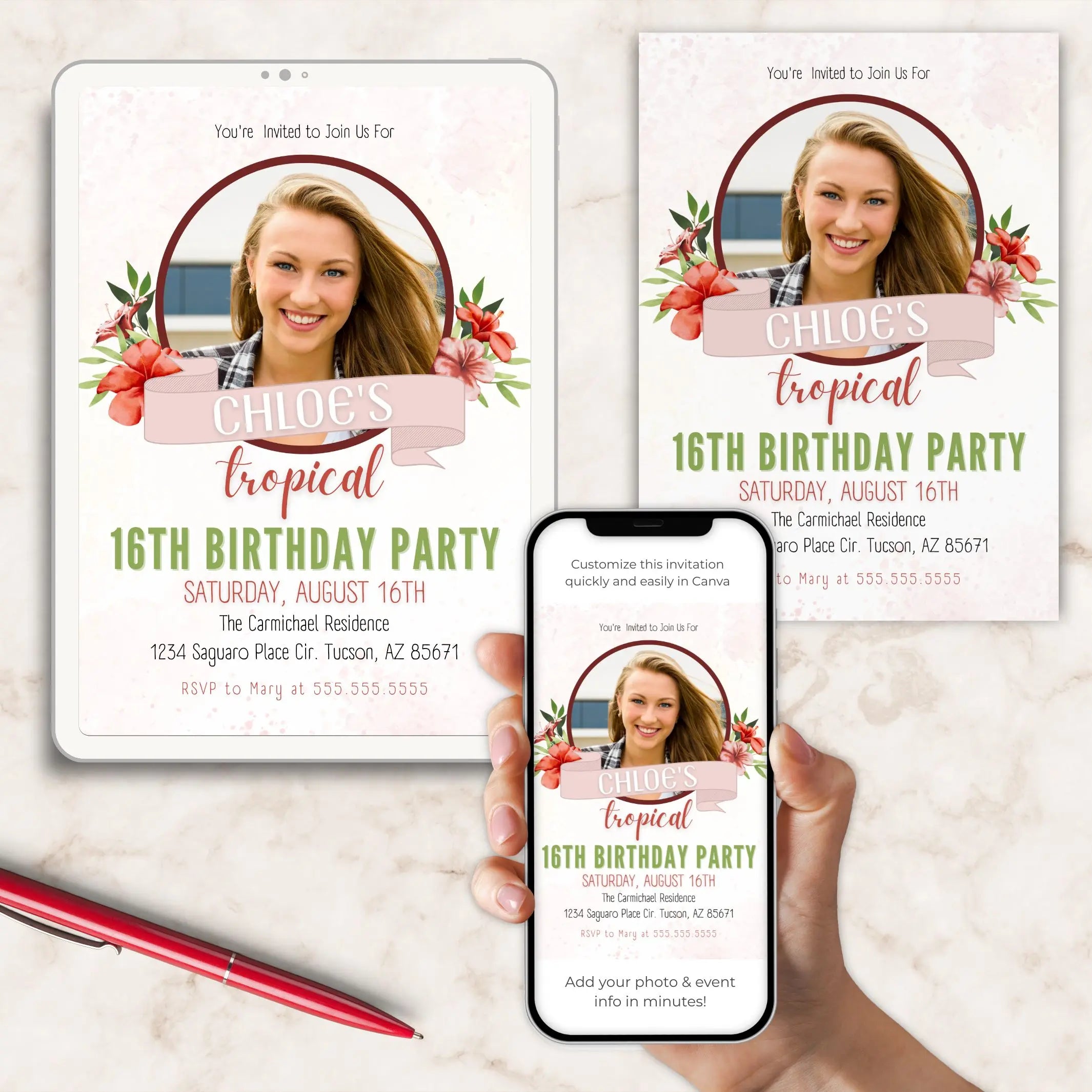 Birthday party invitations with a phone, tablet and printed displaying the invitation, on a light background.