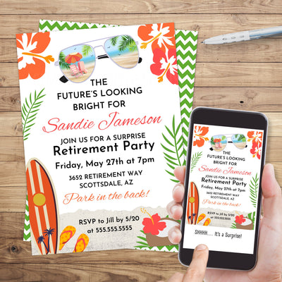 the future is looking bright tropical retirement party invitation