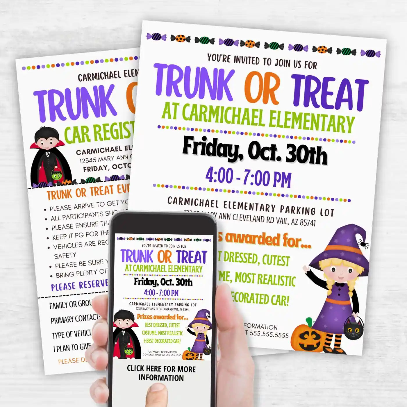 Trunk or Treat event flyer for Carmichael Elementary with a smartphone displaying the event details representing a collection of editable Trunk or Treat Event flyers, tickets, registration forms and social media templates for school events, churches, and community groups created by Simple Desert Designs.
