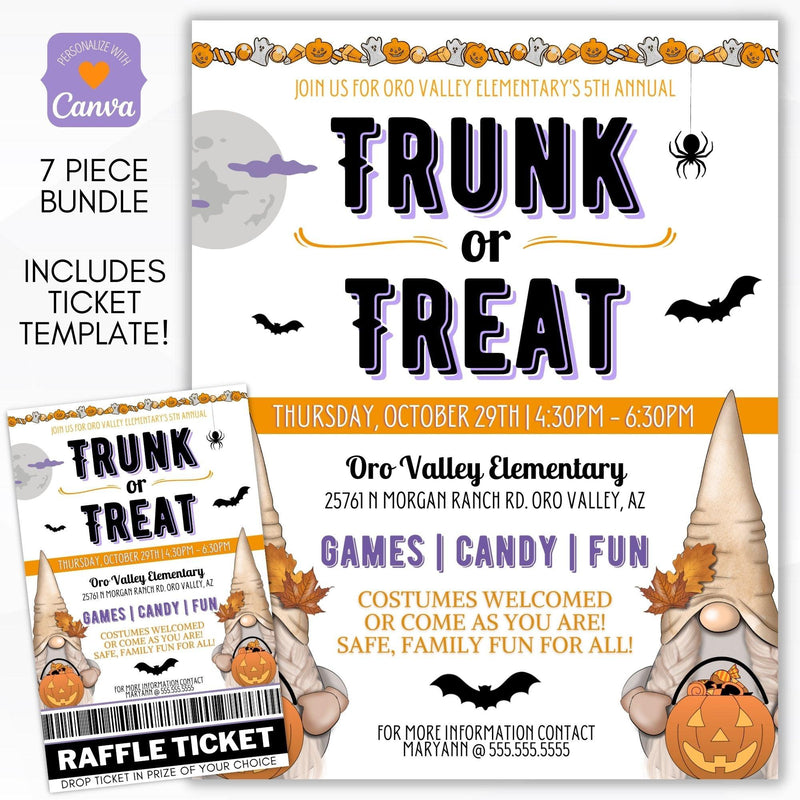 trunk or treat fundraiser event invitation flyer set for business, community, neighborhood, school PTO/PTA/PTC or charity fundraising event