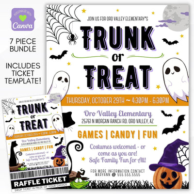 trunk or treat fundraiser event invitation flyer set for business, community, neighborhood, school PTO/PTA/PTC or charity fundraising event