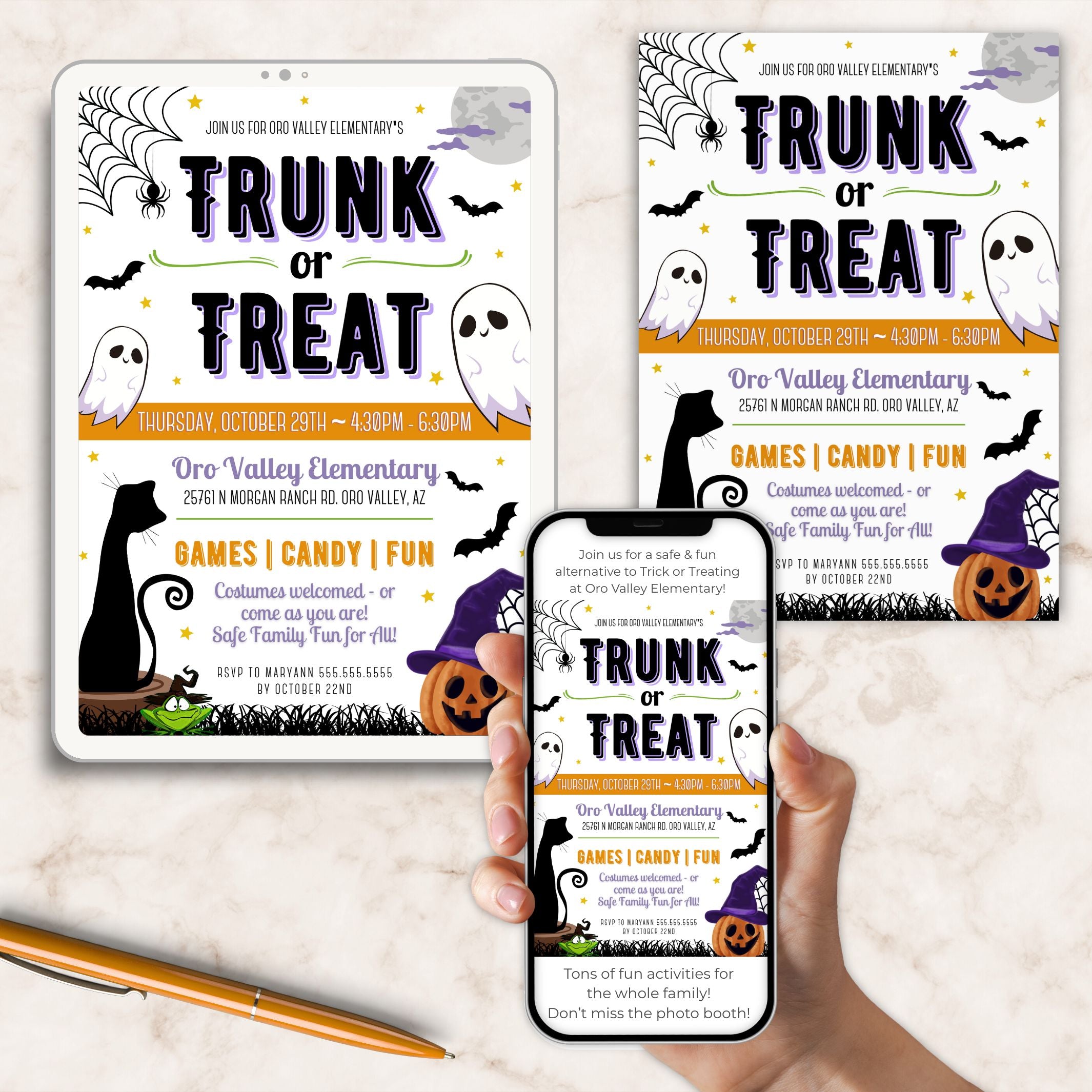 Cute trunk or treat invitation with ghosts, pumpkin, cat and bats on phone, tablet and printed on neutral surface with orange pen.