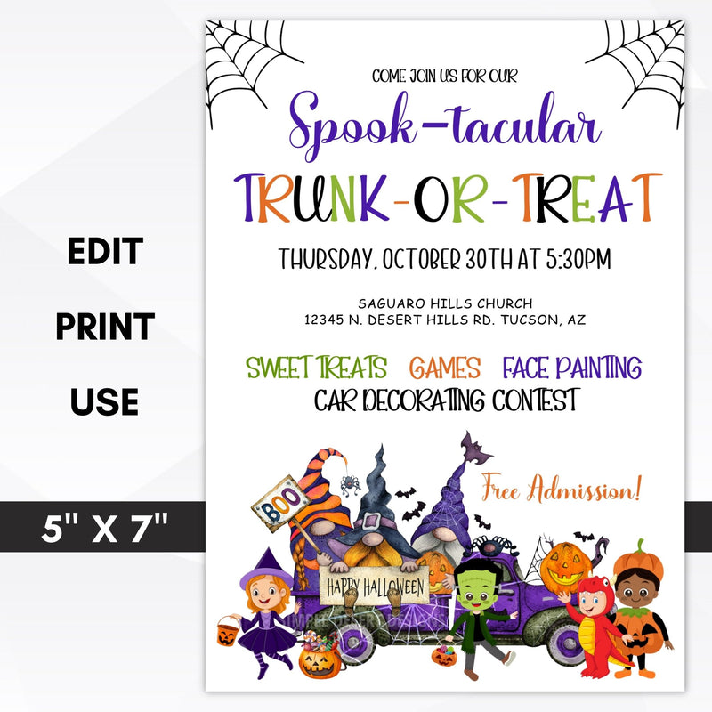 cute trunk or treat invitation with trick or treat kids in costumes