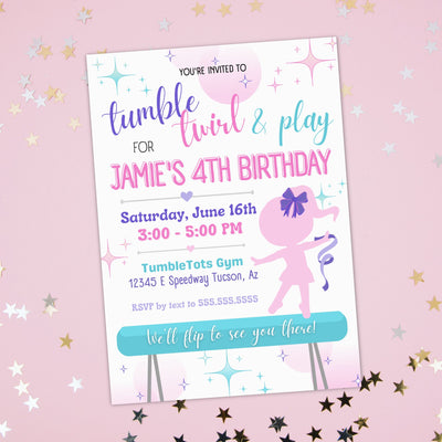 Girls tumble birthday party invitation on pink surface with star confetti showing a little girl on a balance beam with ribbons and sparkles in pastel pink, purple and aqua blue or teal.