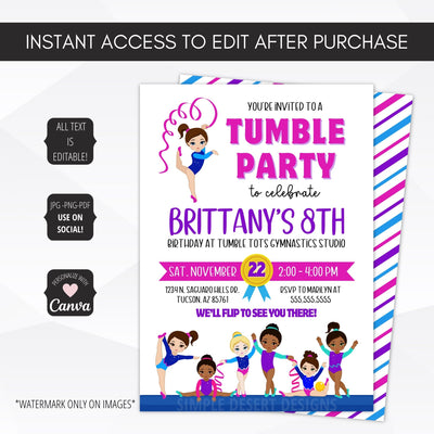 tumbling party invitations for girls