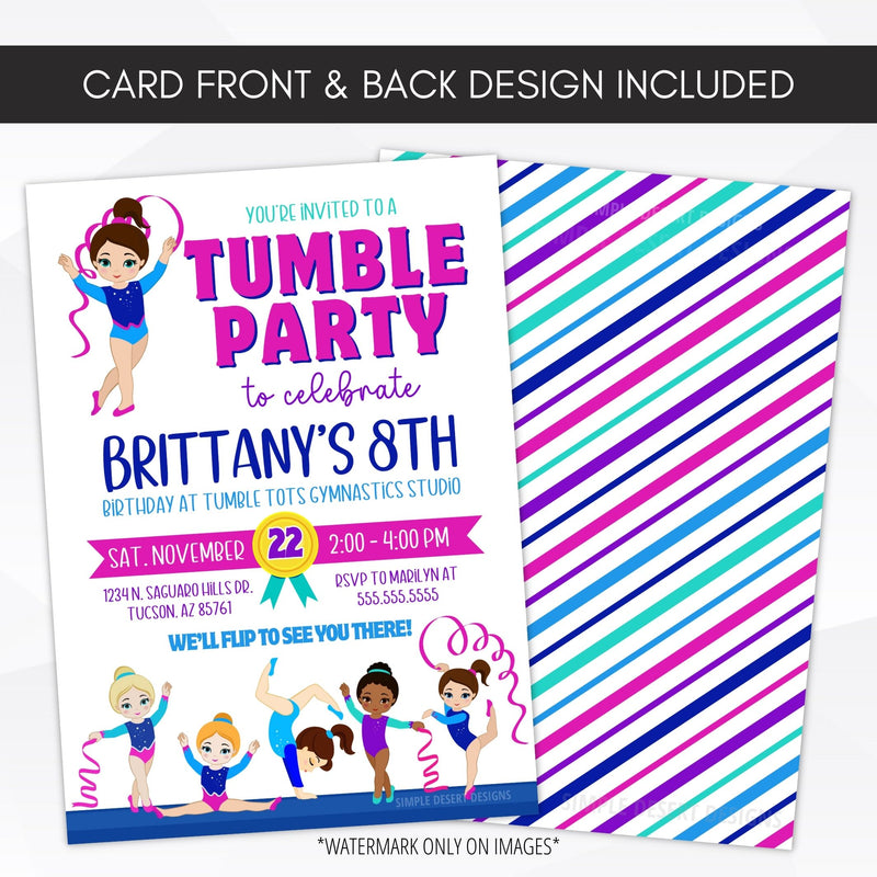 tumbling birthday party invite for girls