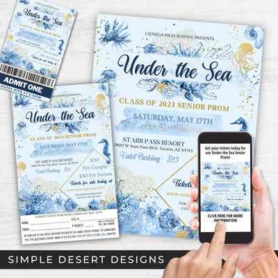 elegant under the sea prom or charity gala flyers and tickets with preorder form and social media templates