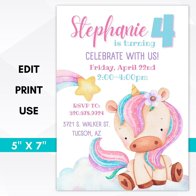 printable rainbow unicorn birthday party invitation