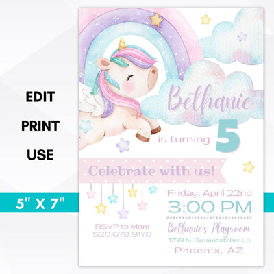 printable rainbow unicorn birthday party invitation