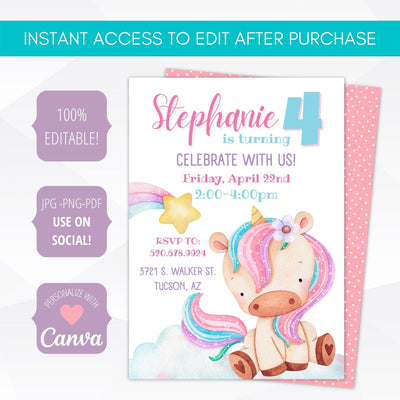 rainbow unicorn birthday party printable invitation template