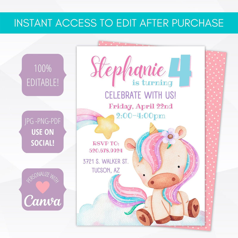 rainbow unicorn birthday party printable invitation template