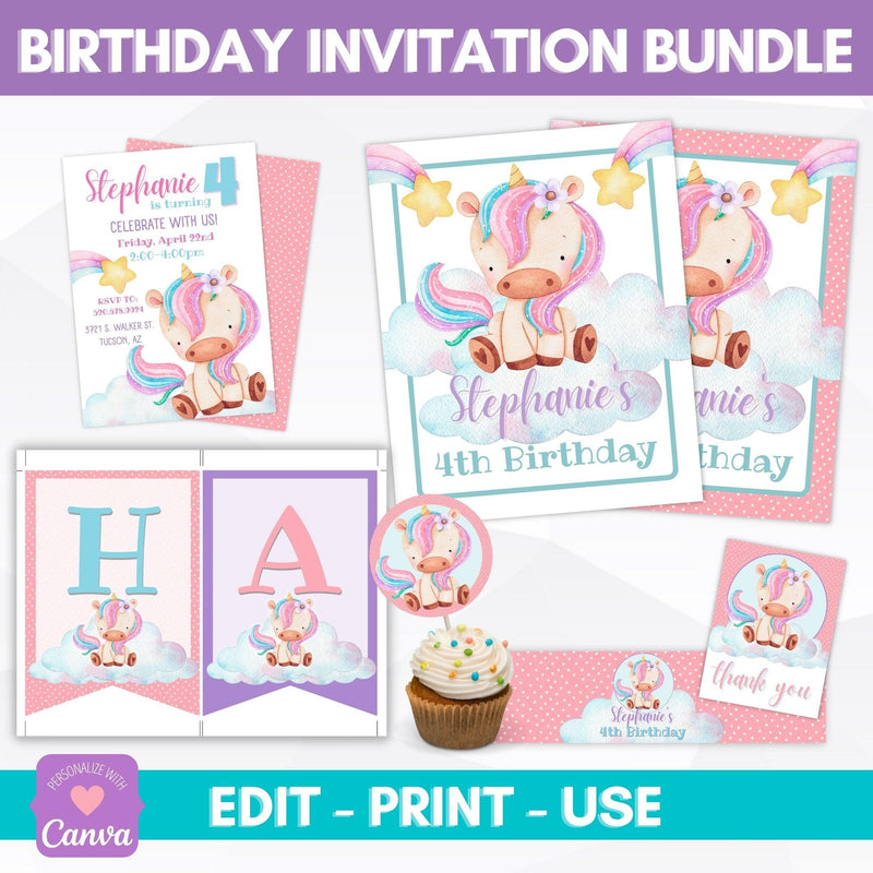 Editable Unicorn birthday party invitations