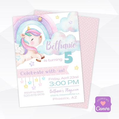 editable rainbow unicorn birthday invitation template
