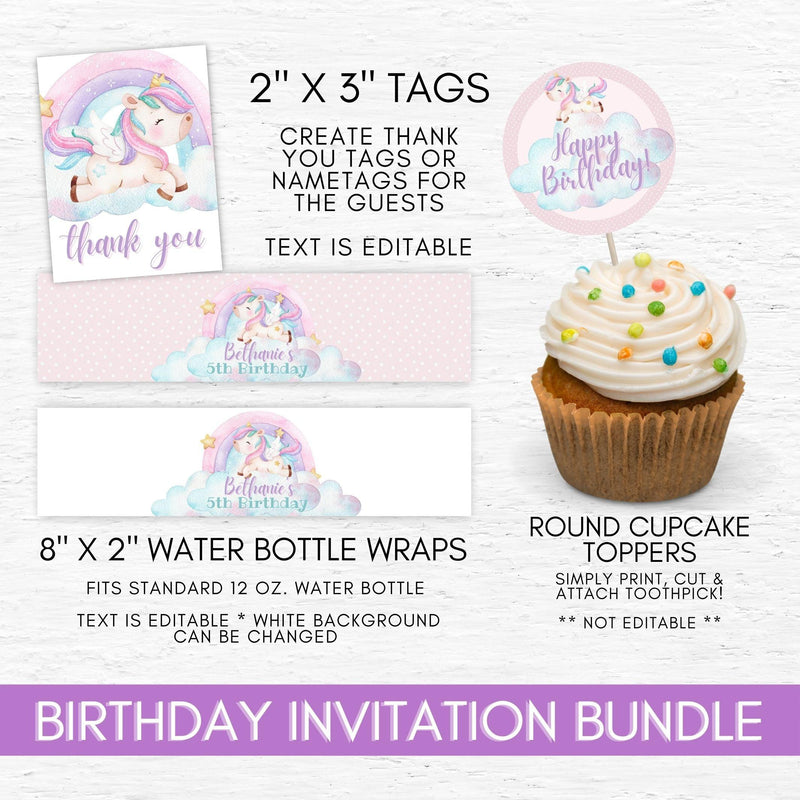 unicorn favor tags water bottle wraps cupcake toppers