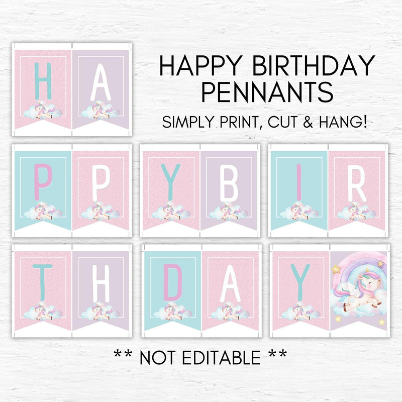 rainbow unicorn happy birthday sign pennants bunting
