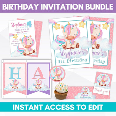 unicorn birthday invitation set