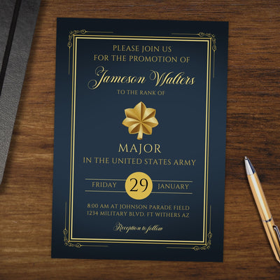 Elegant navy blue and gold invitation card for a promotion ceremony on a wooden surface with a pen.