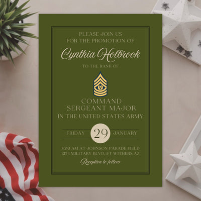 Promotion announcement card for an enlisted soldier in the United States Army on a decorative background with vintage army green and elegant cream with script and typography with an American flag.
