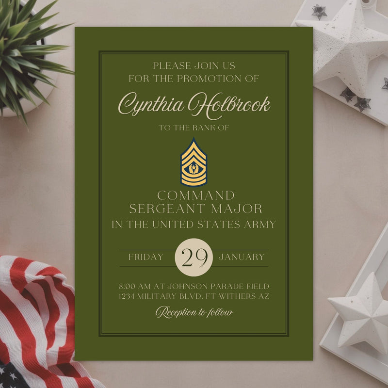 Promotion announcement card for an enlisted soldier in the United States Army on a decorative background with vintage army green and elegant cream with script and typography with an American flag.