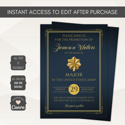 Invitation card for a promotion in the United States Army with gold leaf for Major includes all ranks enlisted, warrant and officer with script and typography text on a navy background, editable in Canva.