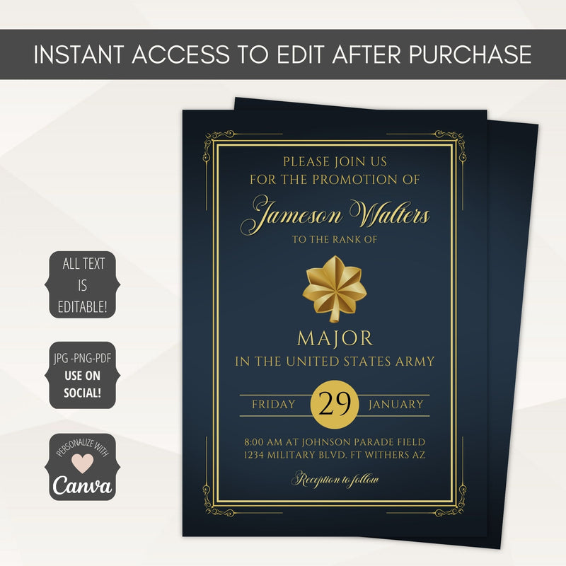 Invitation card for a promotion in the United States Army with gold leaf for Major includes all ranks enlisted, warrant and officer with script and typography text on a navy background, editable in Canva.