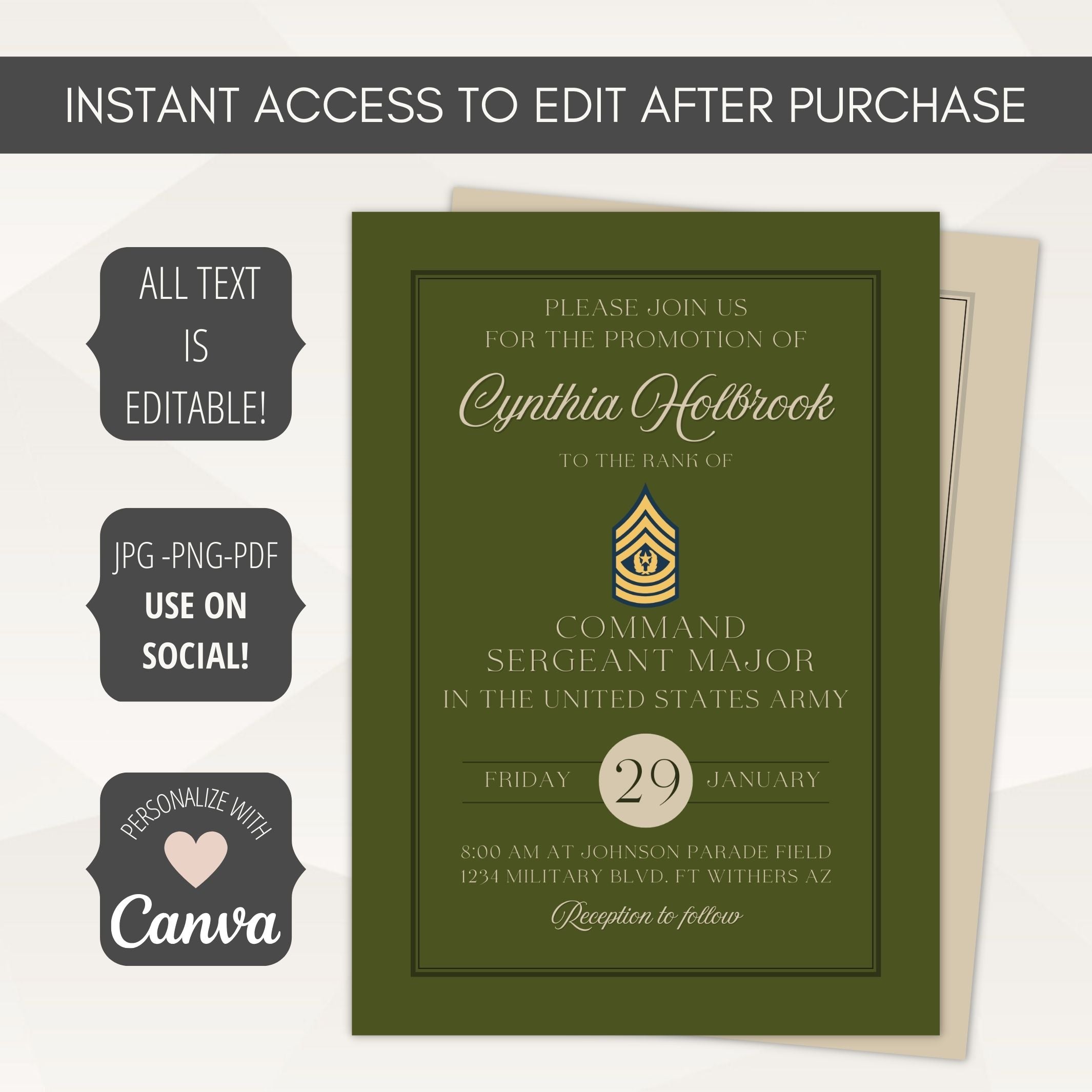 Green invitation card with gold text and Canva branding on a white background