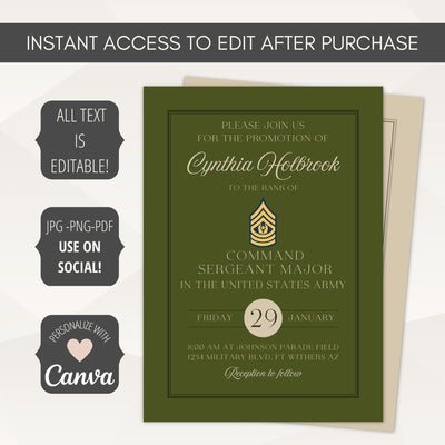 Green invitation card with gold text and Canva branding on a white background