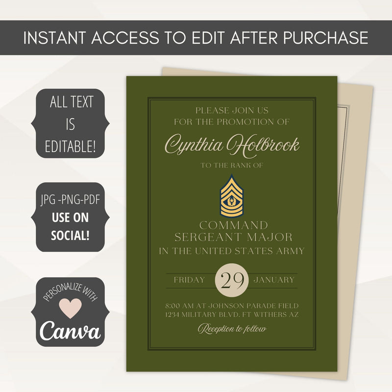 Green invitation card with gold text and Canva branding on a white background