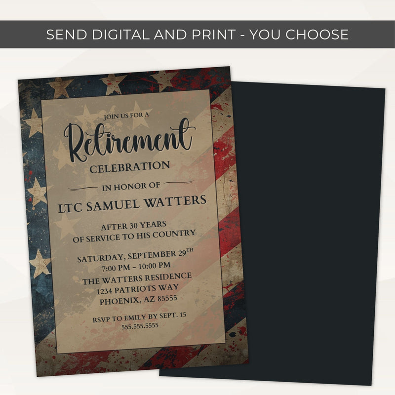 Elegant retirement celebration invitation with worn American flag design on a white background