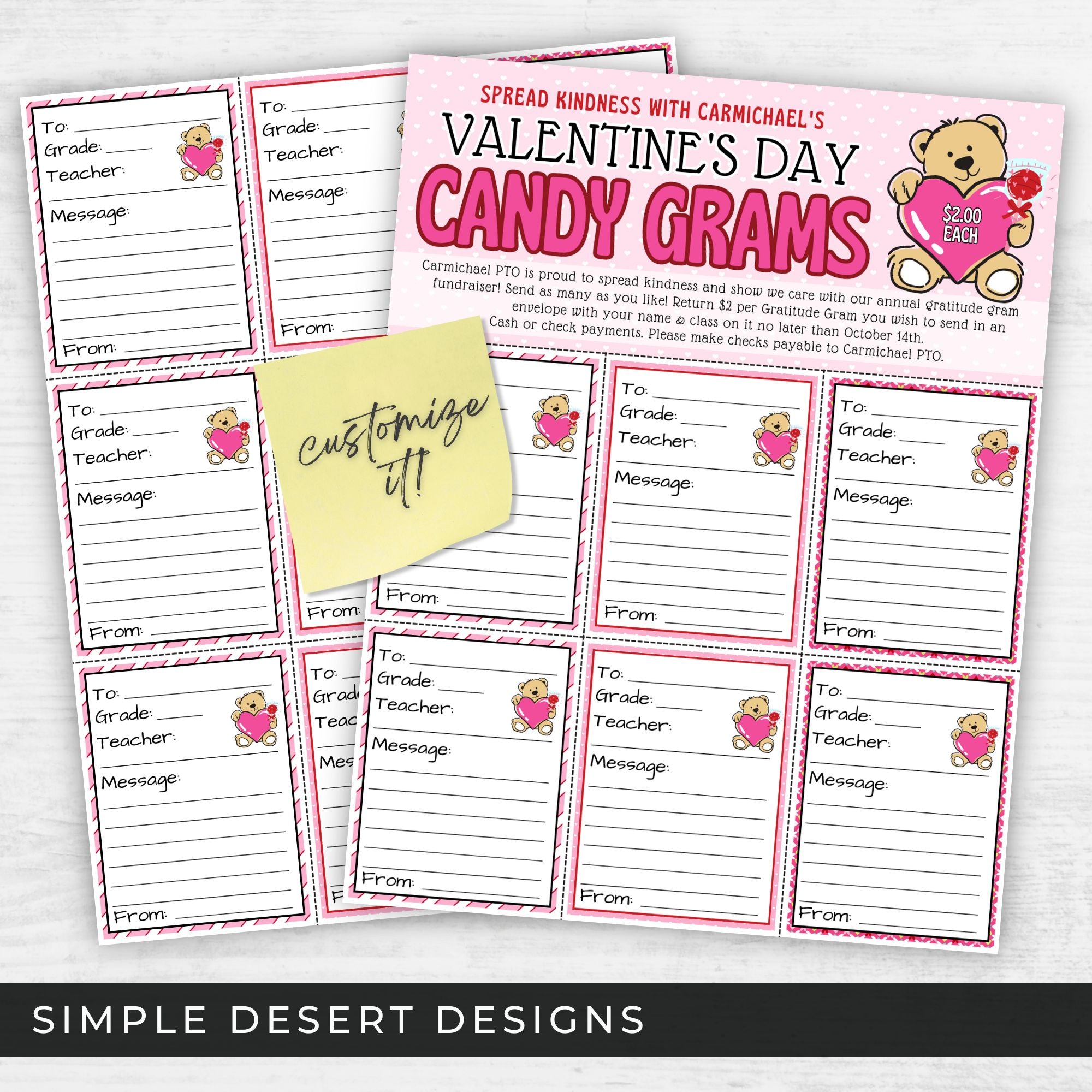Valentine's Day candy gram templates with a teddy bear design and 'Simple Desert Designs' branding.