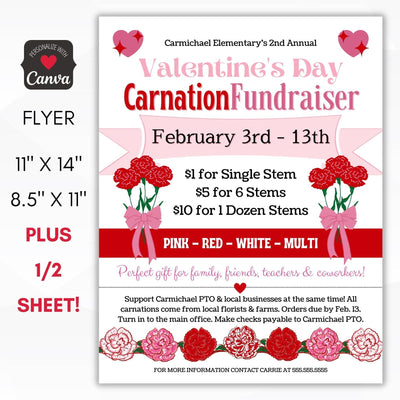 Valentine's Day carnation fundraiser flyer editable
