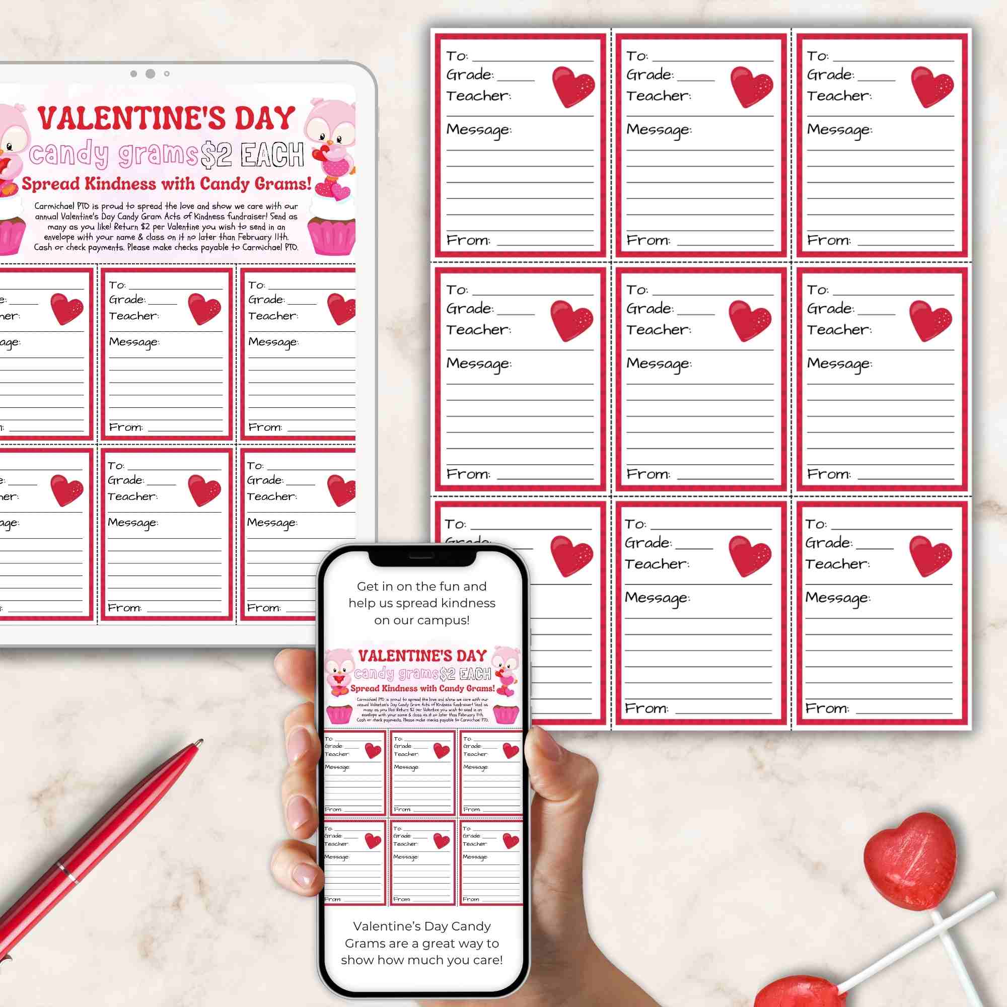 Valentine's Day candy gram templates with a phone displaying the same design on a marble surface.