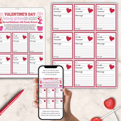 Valentine's Day candy gram templates with a phone displaying the same design on a marble surface.