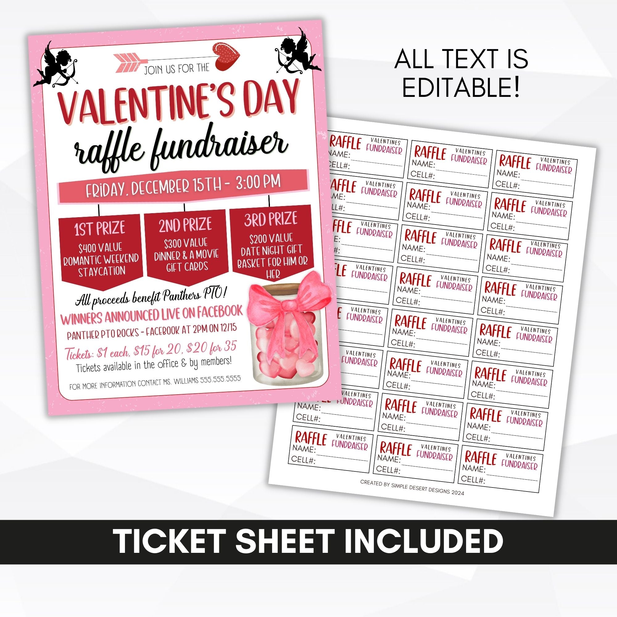 customizable valentine theme raffle fundraiser flyer and ticket sheet
