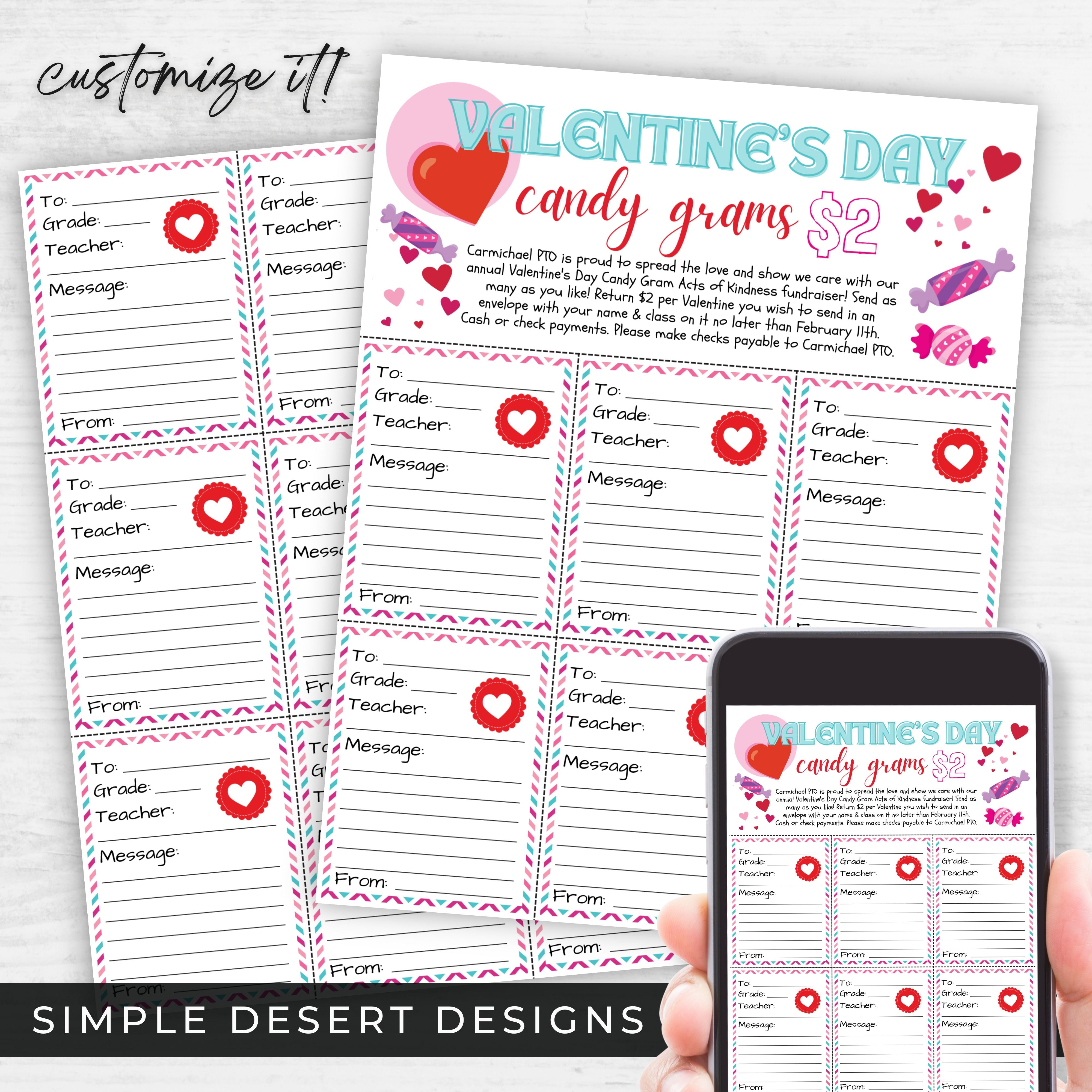 printable and digital valentine's day candy grams fundraiser flyers and sheets for in person and presales for candy gram fundraising
