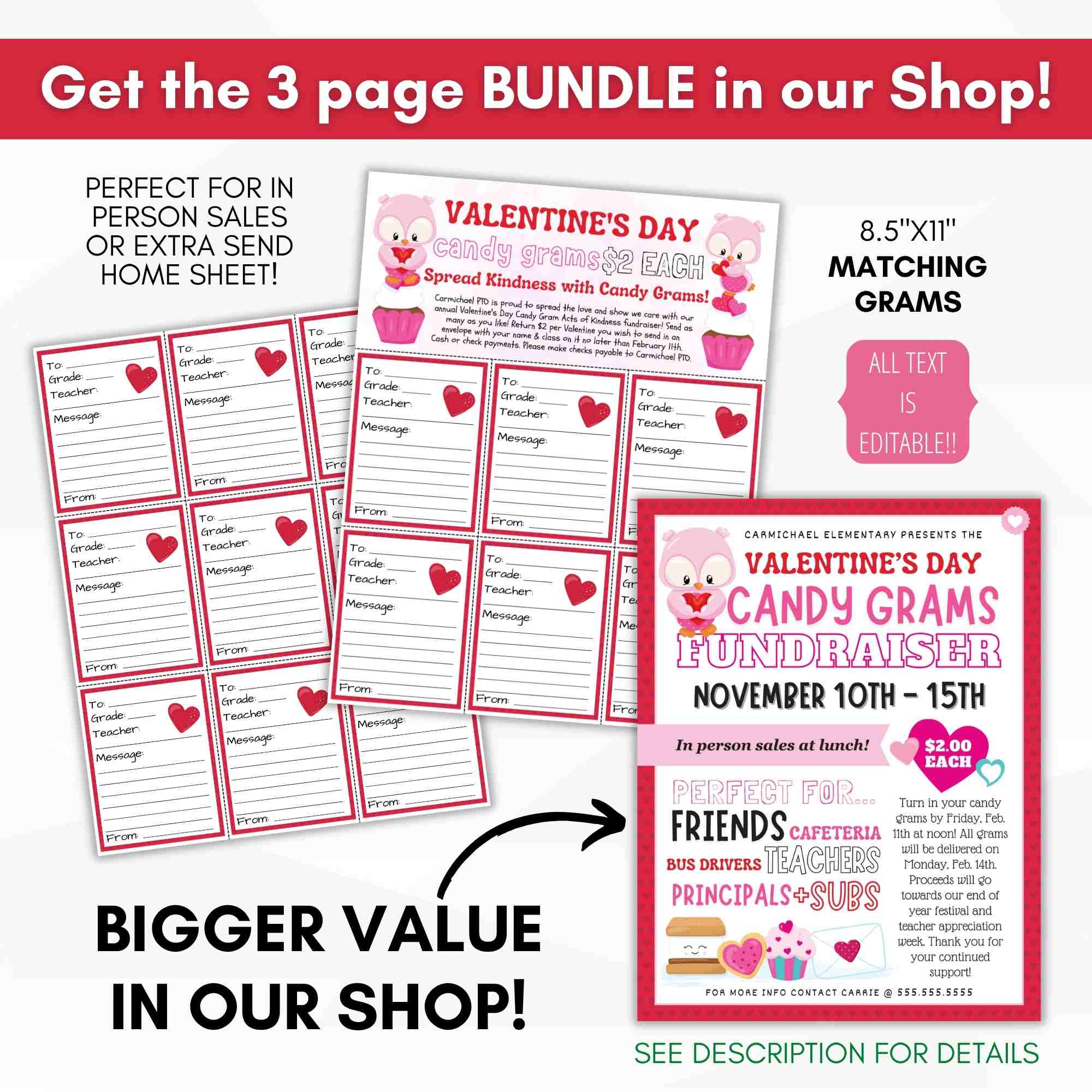 Valentine's Day Candy Grams fundraising bundle with editable text on a white background.