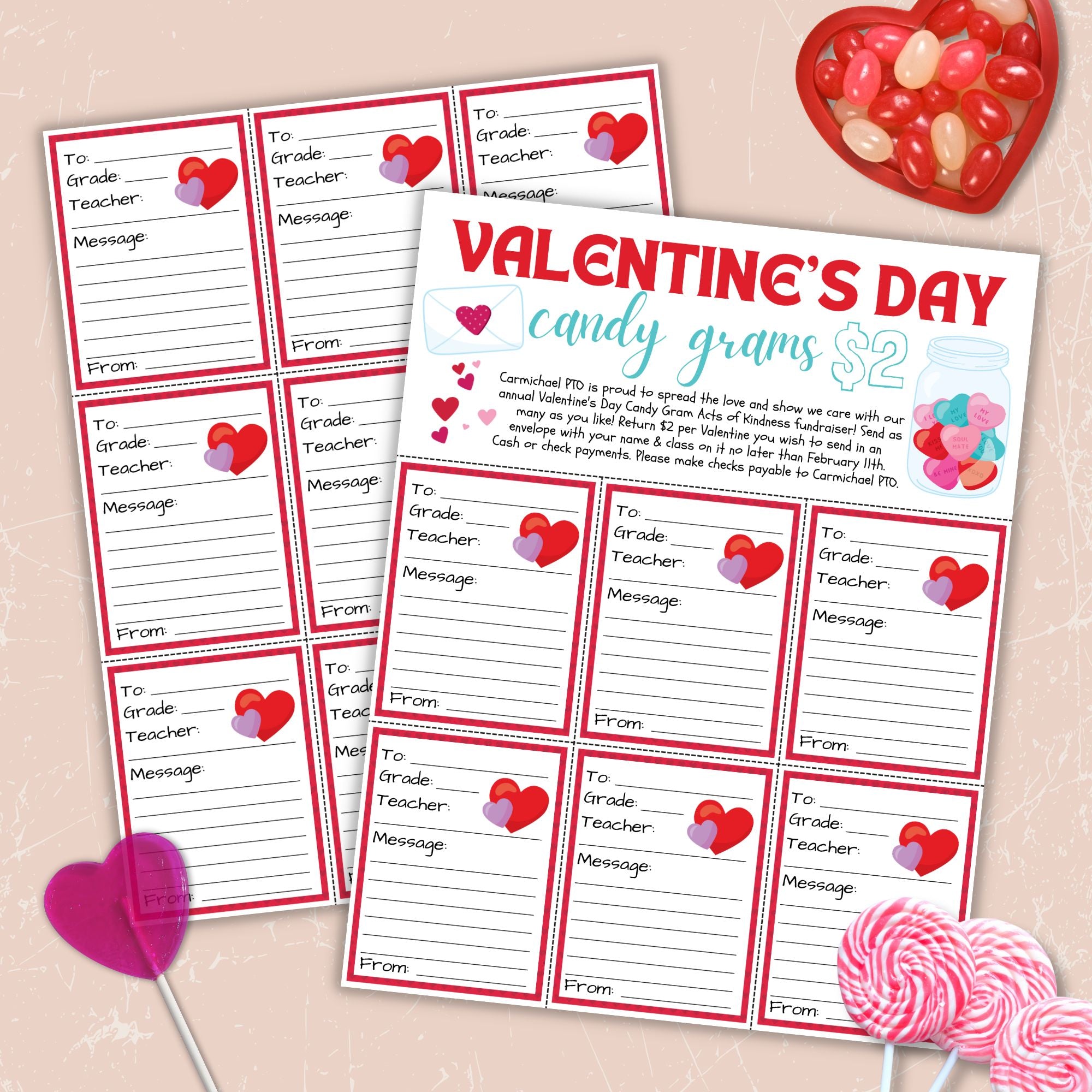 Valentine's Day candy gram sheets with heart designs on a light brown background.