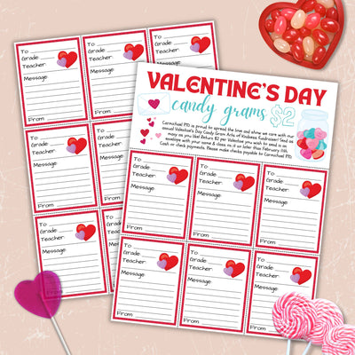 Valentine's Day candy gram sheets with heart designs on a light brown background.