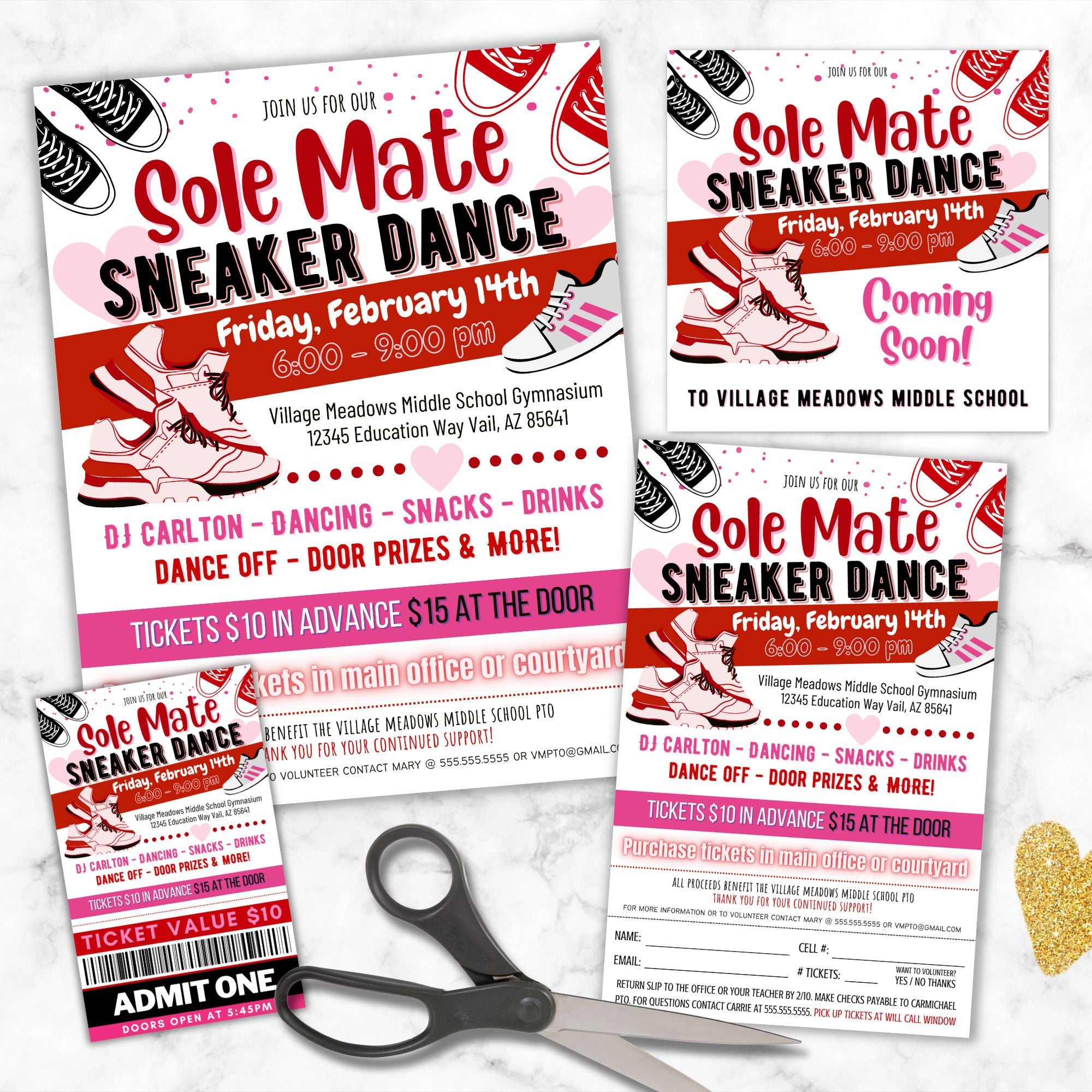 Promotional flyer for 'Sole Mate Sneaker Dance' with event details and ticket with sign up forms and social media template displayed on marble surface with scissors and a gold heart decoration.