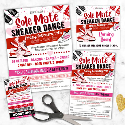 Promotional flyer for 'Sole Mate Sneaker Dance' with event details and ticket with sign up forms and social media template displayed on marble surface with scissors and a gold heart decoration.